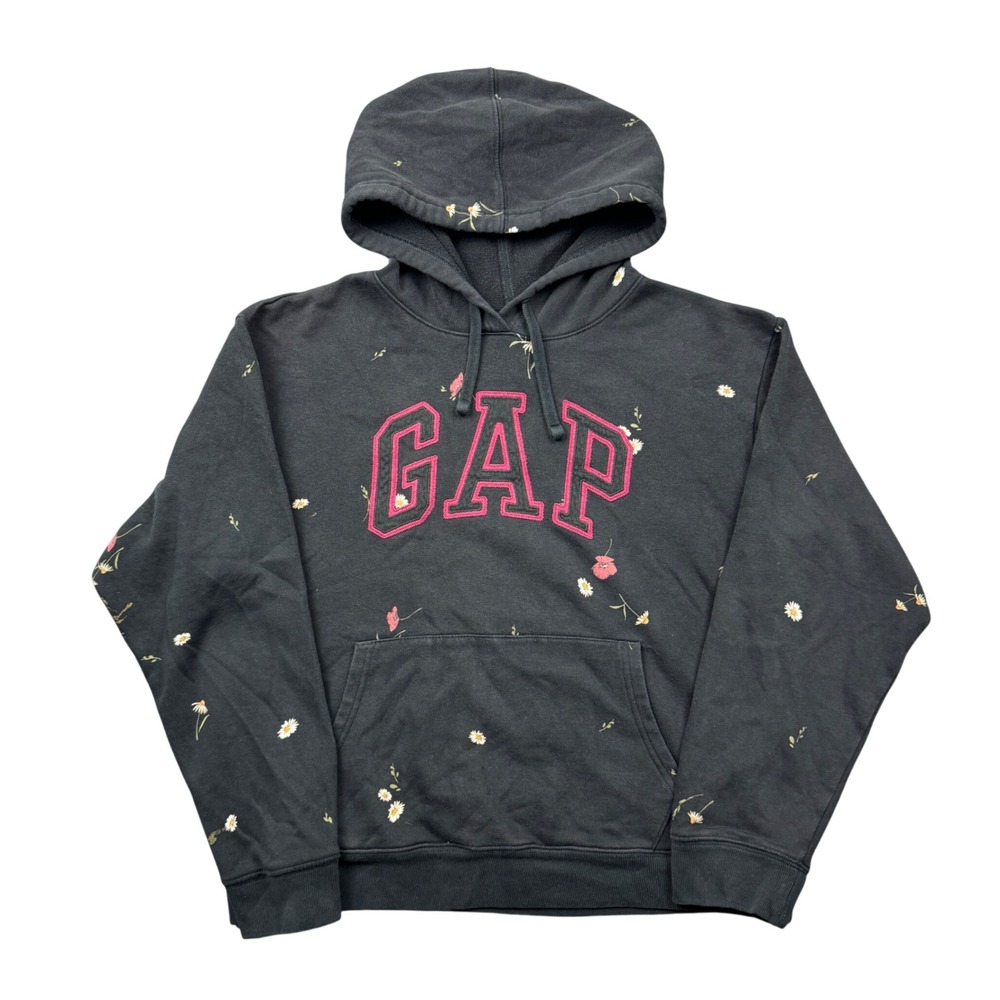 Gap Women Small Floral Logo Hoodie Black Pink Daisy Poppy Fleece Sweatshirt